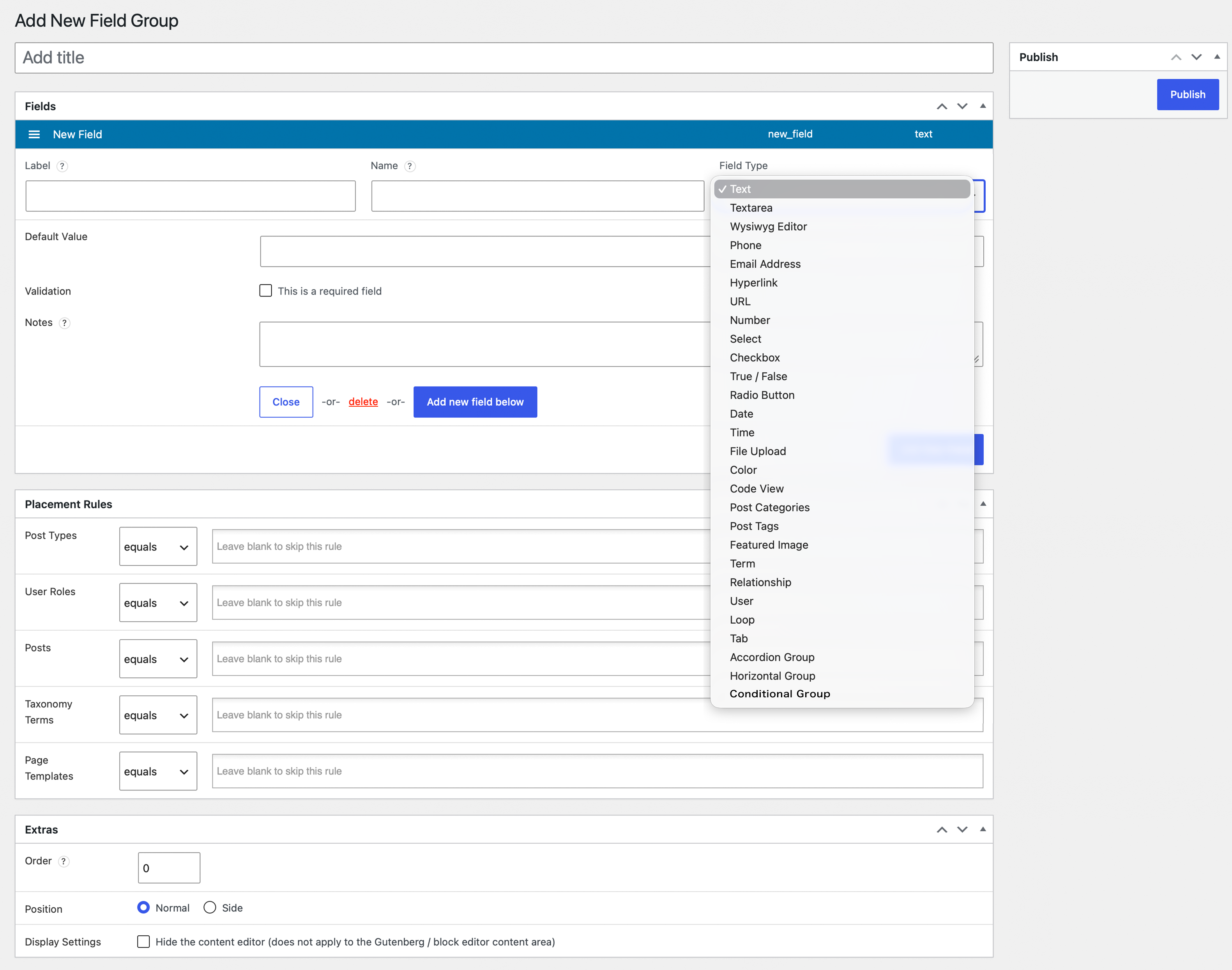 The atshift Fields field group editor